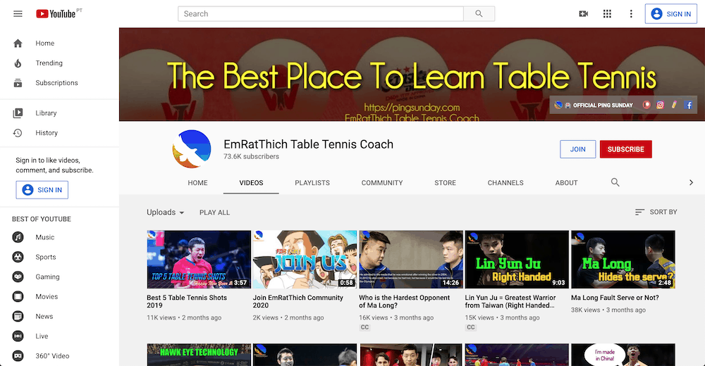 ping pong youtube channel