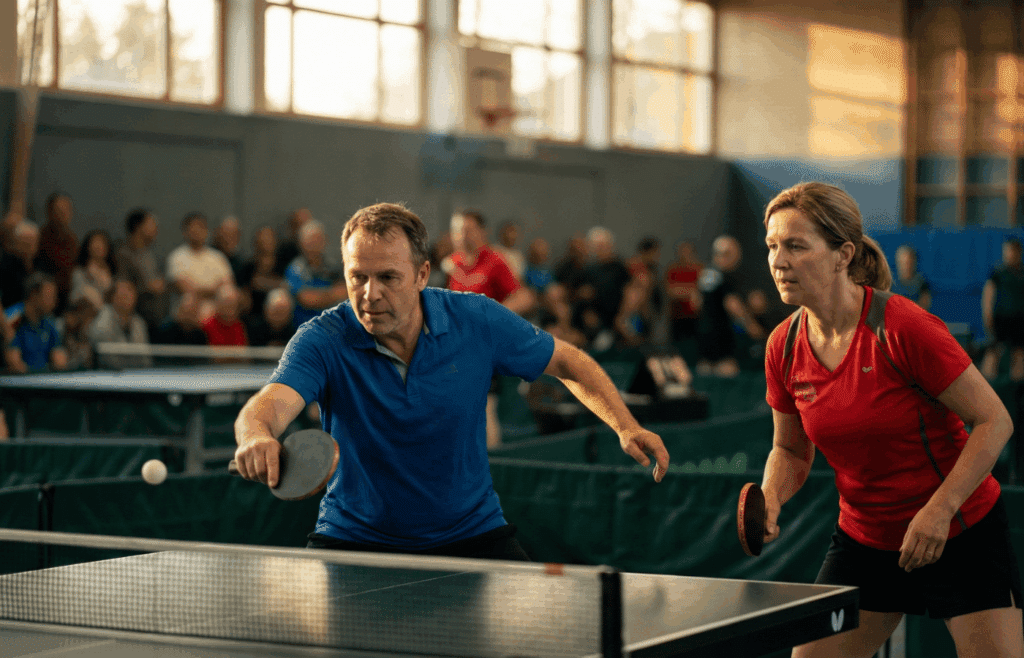 A pair of middle aged ping pong players at a tournament.